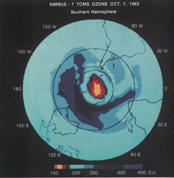 At an August 1985 meeting in Prague, Pawan Bhartia presented this satellite-based image that revealed for the first time the size and magnitude of the ozone hole. Credit: NASA